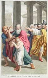 Tiresias weggestuurd door Pentheus, Boek III, illustratie uit Ovidius